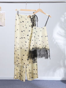 Womens Top Lace Trim Two-Piece Set Spaghetti Strap Printed Vest Wide-Leg Pants Casual Co-Ord Summer Wear Beach Vacation Outfit2026