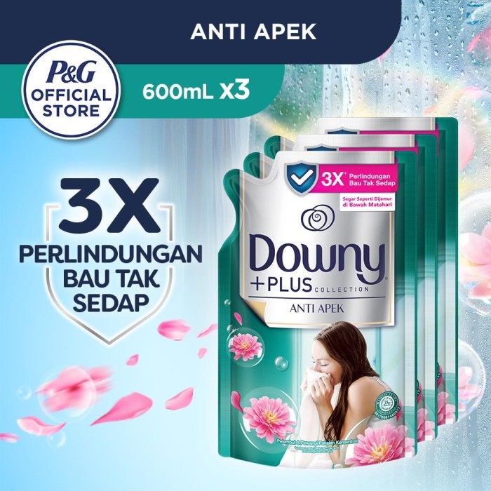 Downy Pelembut dan Pewangi Pakaian Konsentrat Anti Apek 600 ml - Paket isi 3 (Laundry Softener)
