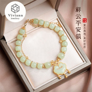 Viviann Original sterling silver Peace Lock Hetian Jade Double layer Bracelet Womens Sterling Silver Gilded Natural Jade Bracelet For Women Girls Amulet Mothers Day Gifts Gold Wrist Ladies Jewelry Charm Bangles