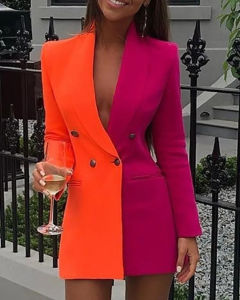 Women blazer elegant office lady suit thin spring V-neck female long sleeve new patchwork slim ol double breasted dress coat