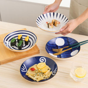 HHS - Piring Jepang Keramik Vintage Jepang Modern Bulat Piring / Piring Mangkok Keramik / Piring Aesthetic / Piring Cantik / Piring Makan / 7 & 8 Inch / 18 & 20 cm