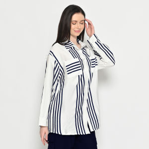 QUEENTIN Kemeja Casual Wanita 5002 Katun Silk Salur Lengan Panjang