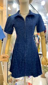 เดรสยีนส์ มินิเดรสผ้ายีนส์ เดรสซิปหน้าคอปก ชุดออกงาน/ใส่เที่ยวเรียบๆ: