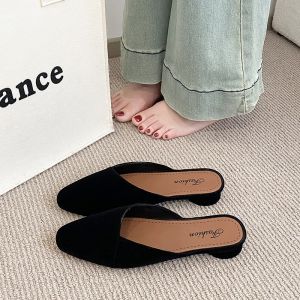 Free Shipping 2026 Summer New Collection: WomenS Slip-On Mules With Flat Low Heels Flocked Half-Slipper Design Pointed Toe
