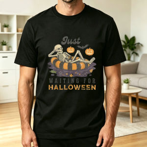 Just Waiting For Halloween T Shirt Men Relax Skeleton Swim Ring Pumpkin Bat Distressed Graphic Holiday Cotton Casual Tee