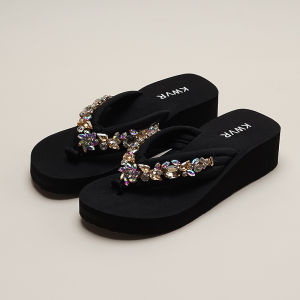 [Free Shipping] Rhinestone Thick-Soled Beach Sandals For Women Summer Platform Soft-Soled High-Heeled Flip-Flops Fashionable Vacation Height-Increasing Wedge Sandals