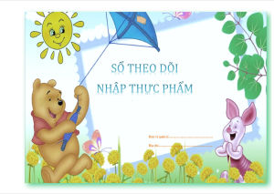 Sổ theo dõi nhật thực phẩm mẫu giáo với hình ảnh Winnie the Pooh và Piglet nền hoa và mặt trời dành cho trẻ nhỏ.