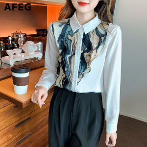 AFEG Korean fashion loose and versatile temperament printed chiffon long-sleeved blouse for women