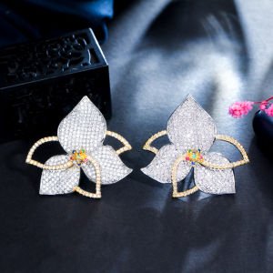 SEQUITO Fashion Costume Jewellery Rose Gold Plated Silvery Full Micro Paved AAA Cubic Zirconia High Quality Leaves Shape Women Big Stud Earrings for Banquet Party SE863
