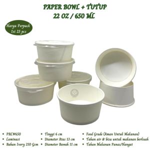 Paper Bowl ukuran 650 Ml Plus Tutup Mangkok Kertas (Isi 25 Pcs-PBLW650)
