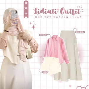 OOTD 3 In One Set Korean Style Vest Tweed Kekinian & Kemeja Polos Pink & Rok Joda Scuba Ivory 80A