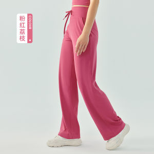 alo yoga กางเกงกีฬาเชือกรูดเอวสูงเปลือยสำหรับผู้หญิงกางเกงออกกำลังกายสีพื้นขากว้างทรงหลวมกางเกงโยคะใส่แล้วดูผอมเพรียวสำหรับวิ่ง