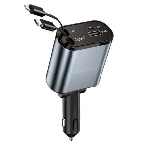 Retractable Car Charger with iOS Type-C Cables 120W Fast Charger Car Lighter Adapter