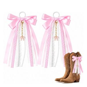 OUTOPEAN 1Pair Dài Nơ trang trí giày Ruy băng kẻ sọc Lacey 2 chiếc Phụ kiện trang trí giày bằng ruy băng Thời trang Đồ trang trí có thể tháo rời Phụ kiện giày cao cổ kiểu miền Tây Dành cho giày cao bồi nữ