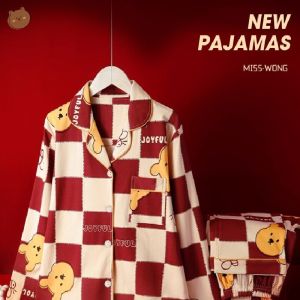 Red Cartoon Pajama Plaid Patchwork Lapel Winnie the Pooh Casual Home Suit Set Women Sets Womens Sleep Lounge Underwear