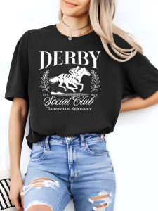 Women's Derby Horse Graphic Tee: Casual Gray Short Sleeve Crew Neck Top