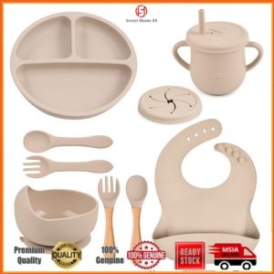 9PCS Baby Feeding Set Baby Silicone Plate Dinning Set With Bowl Bib Cup Pinggan Mangkuk Baby BPA Free Tableware
