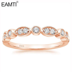 EAMTI Rose Gold Cubic Zirconia Marquise & Round Milgrain Half Eternity Stackable Ring 925 Sterling Silver Wedding Band for Women Size 5-10