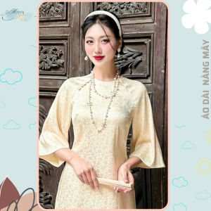 Áo dài cách tân dáng suông trơn dáng lửng chất liệu gấm hoạ tiết cổ tròn mặc dịp tết đi chơi lễ hội