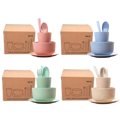 ANQI SHOP Gandum 6 Pcs Peralatan Makan Set Mangkuk / Piring / Sendok Peralatan Makan Anak-Anak VS-12