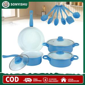 【New Arrival】 12-Piece Non-Stick Cookware Set Deep Frying Pan with Lid Milk Pot Maifan Stone Frying Pan for All Types of Cooker