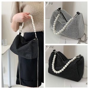 DSFYG Large Capacity Rhinestone Handbag Shoulder Pouch Pearl Chain Women Shoulder Bag Personality Cosmetic Bag Small Square Bag Ladies