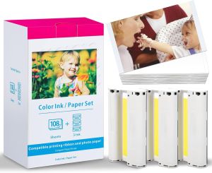 Replace Selphy CP1500 Ink and Paper Compatible Canon CP1300 CP1500 CP1200 CP910 CP1000 CP900 CP800 CP810 Paper and Ink KP-108IN Selphy Photo Paper Glossy 4 x 6 108 Sheets 3 Color Ink Cassette