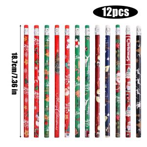 12Pcs Christmas Pencils Student Stationery Writing Drawing Sketch Pen Set Wooden Pencil with Rubber Christmas Gift