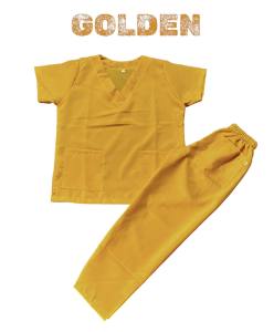 Mustard color scrub suit set by Coclothing for mens workwear featuring V-neck tops and pants with pockets in Teteron fabric.