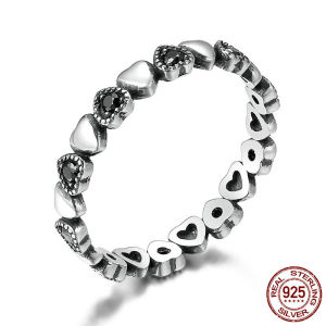 Genuine 925 Sterling Silver Stackable Ring Heart Black CZ Diamond Finger Rings for Women Ladies Wedding Anniversary Jewelry