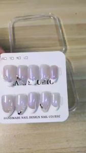 100% HANDMADE Short Almond Shape Pearl transparent French tip Artificial Press On Nails Magic mirror powder Ultimate malist Fake Nails Set With Glue Reusable And Removable