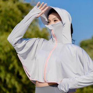 Sun Protection Jacket Anti UV Ice Silk Long Sleeve Breathable Zipper Blouse With Hat Outdoor Running Hiking