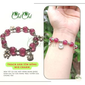 [Chi Chi] Vòng Tay Lắc Tay Handmade Mix Hạt Đá Thach Anh Đỏ Tím và Charm Mèo May Mắn - MS098