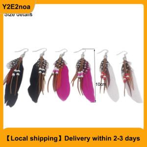 【Local shipping】 Fashion Tassel Dangling Earrings Feather Leather Beads Earrings Indian Feathers