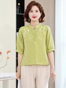 WomenS Embroidered Linen Blouse Stand Collar 3/4 Sleeve Casual Loose MomS Blouses Top