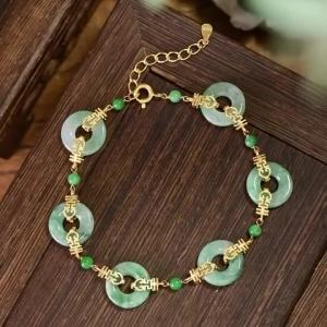Natural Floating Flower Jadeite Donut Bracelet Spicy Green Beads Gilded S925 Silver Double Happiness Women Wrist Jewelry