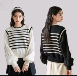 Atasan Knit Wanita Lengan Balon - Sweater Rajut Korean Style Motif Garis