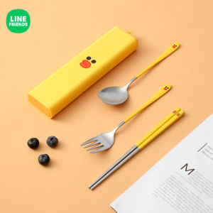 【3 IN 1 Tableware】Line Friends Portable Chopsticks Spoons Forks Three Piece Suit With Cutlery Box Office Woker Student Stainless Steel Tableware Lunch Match