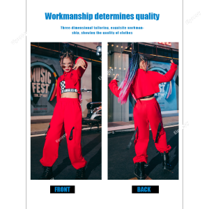 SHUNAICHI New Hip Hop Jazz Dance Dress Childrens Performance Pants Girls Dress 3-Piece Red Black White Dress