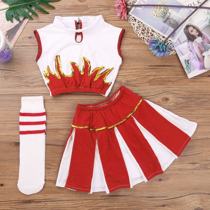 Kids Girls Cheerleader Costume Cheerleader Outfit Sleeveless Crop