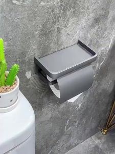 Space Saving Tissue Holder Wall Mounted Toilet Tissue Holder Shelf Bathroom Wall Organizer No Drill With Phone Tray