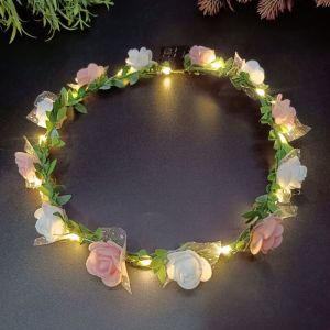 NOBLELYN Adjustable Simulation Flower Wreath Rose Flower LED Light Headband Shining Flowers Garland Hair Accessories