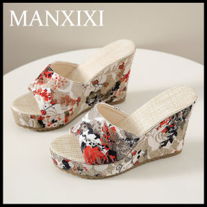 MANXIXI Fashion Women 3.93 Inches High Heels Beautiful Flowers Pattern Wedge Sandals (Size 35-42)