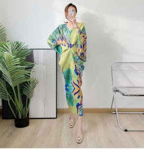 Sunya 1. Miyake pleated bat sleeve dress print large size bottoming skirt female X183
