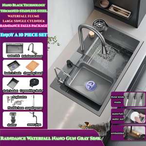 Kitchen Sink 304 Stainless Steel Thick Material High-End Home Hotel Bar Vegetable Sink With Waterfall Pull-Out Faucet