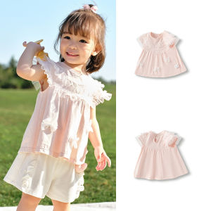 balabala Girls Sweet Mesh Short Sleeve T-Shirt Cotton Base Layer Summer 2025