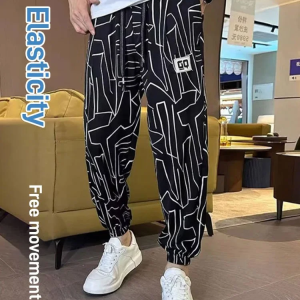 【M-5XL】Ice Silk Casual Pants Mens Summer Thin Large Size Plus Size Plus Size Tide Quick Dry Sports Mens Nine Points Pants Summer Style/Printed Casual Pants 男士冰丝印花休闲侧开衩九分裤
