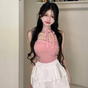 Áo hợp thời trang hot girl yếm nữ mùa hè không tay lưng đẹp thiết kế ngắn dây rút dây đeo ống hàng đầu thanh lịch