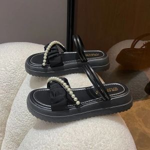 [Free Shipping] Trendy And Versatile Two-Way Sandals New Summer Style Perfect For Outdoor Wear Featuring Pearl Embellishments And A Thick Platform Sole Ideal For The Beach
