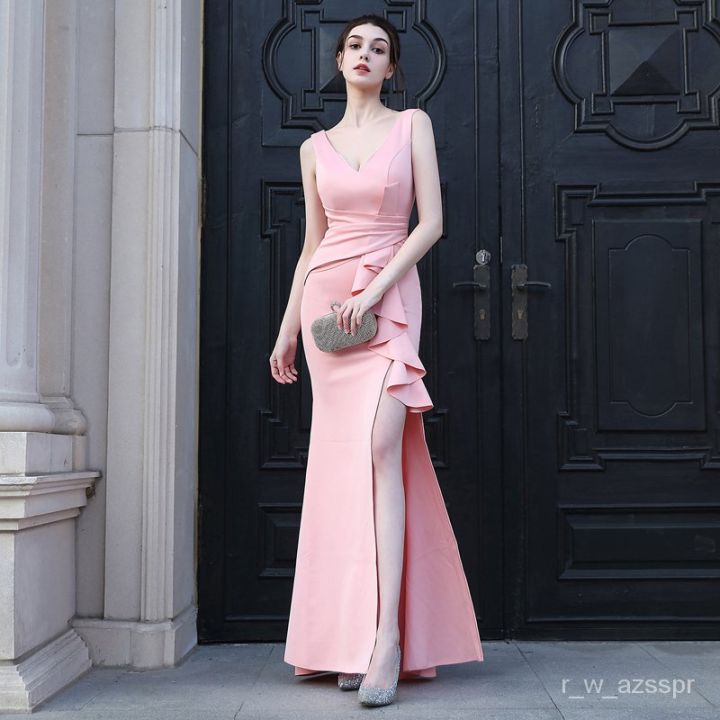 Dramatic V-neck Pleated Long Gown with Slit Candy Pink